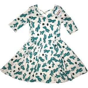 Dot Smile Girls 5 6 White Green Cactus Ballerina Twirl Dress 3/4 Sleeve Cacti